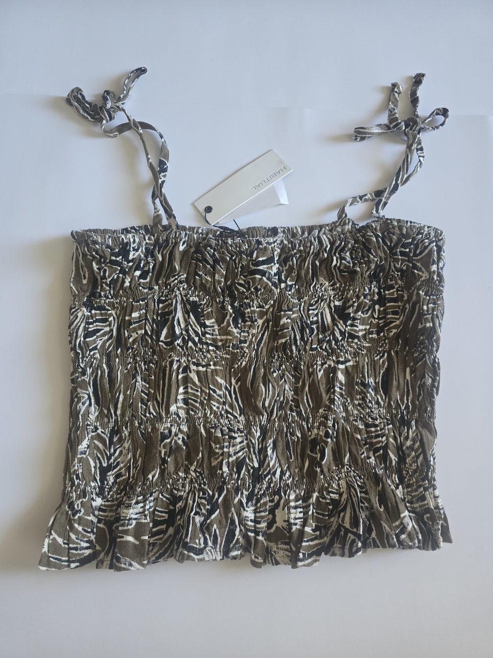 Habitual Olive-Print Smocked Tie-Strap Tank